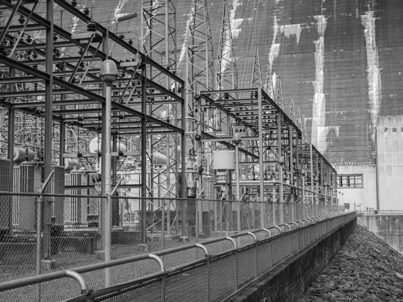 Black and white view of an electric substation with steel towers and lines