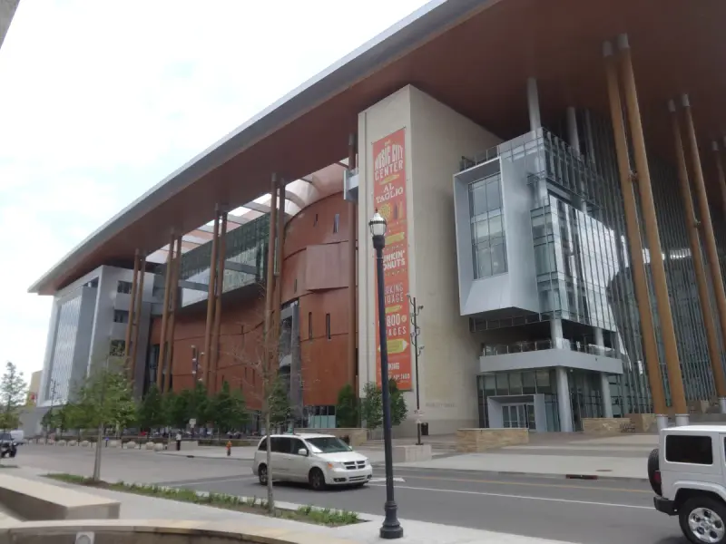 Northeast face of Music City Center with its long overhanging roof and tall columns