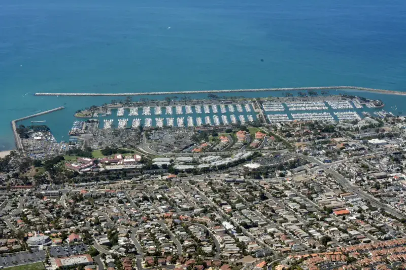 Aerial view of Dana Point Harbor and the coastal city of Dana Point, California