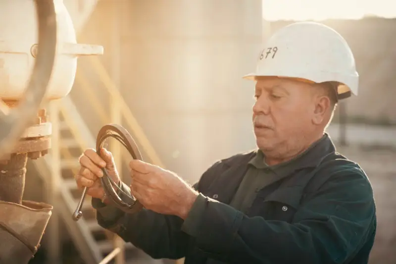 Engineer in a white hard hat inspecting a valve part in warm light at an industrial site