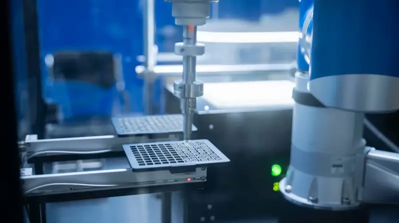 Robot arm handling a sample plate inside an automated lab cell lit in blue