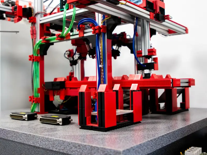 Red gantry robot model with pneumatic tubing and connectors on a lab bench