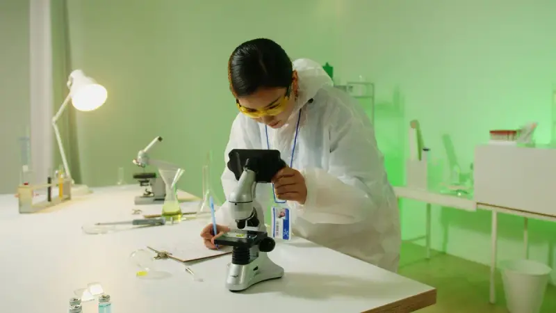 Scientist at a microscope on a long bench in a green-lit laboratory