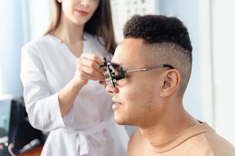 Optometrist fitting a trial frame on a patient, seen from the side