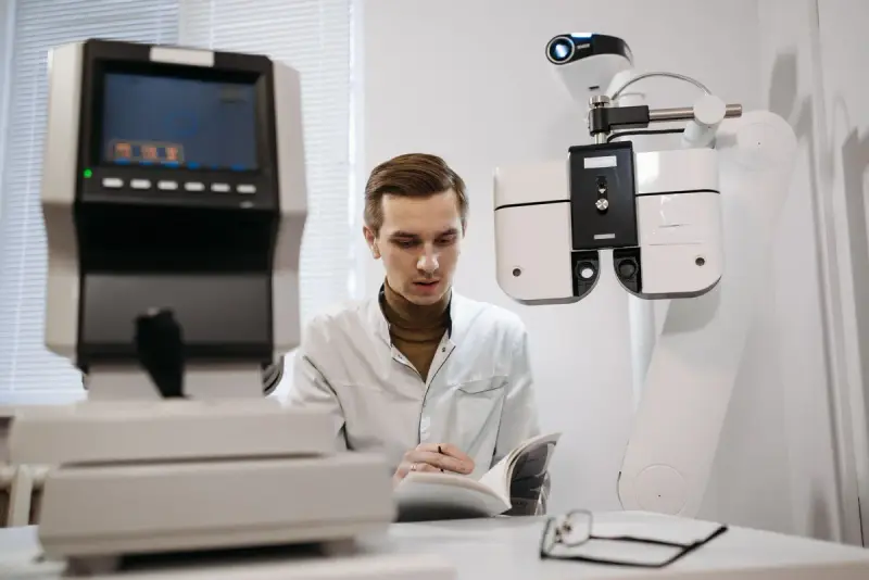 Optometrist reading a manual next to eye examination equipment