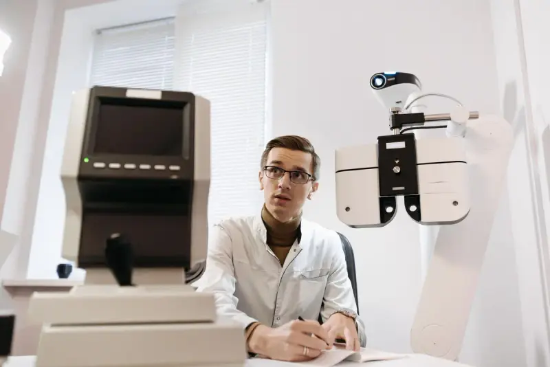 Optician performing an eye examination with vision testing equipment in a clinic