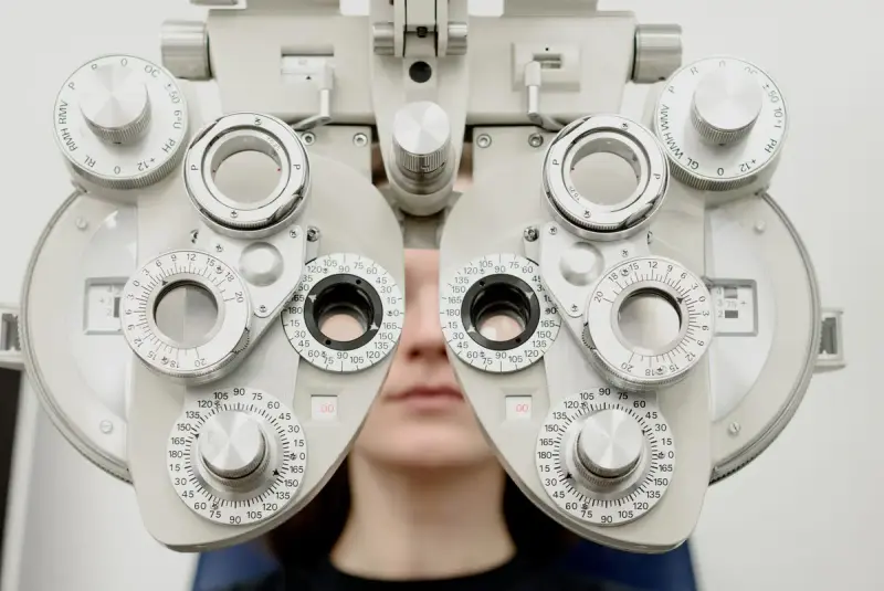 Woman at a phoropter during an eye examination in an optometry clinic