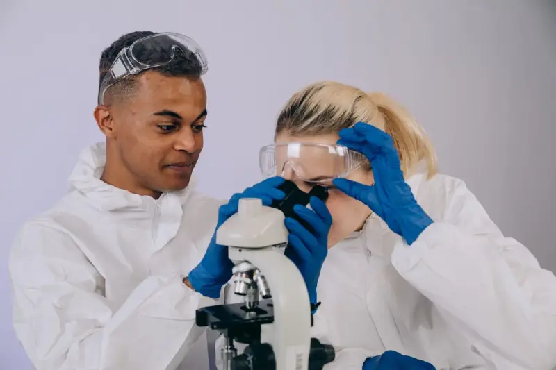 Two young scientists in lab coats and goggles taking turns at a microscope