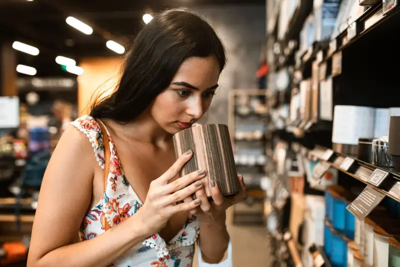 Young woman in a floral dress smelling a candle in a cozy shop