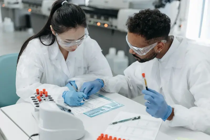 Two researchers in goggles and gloves reviewing data sheets beside sample tubes in a lab