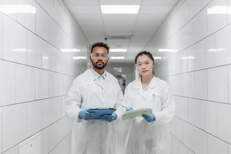 Two scientists in lab coats and goggles holding clipboards in a bright white lab corridor