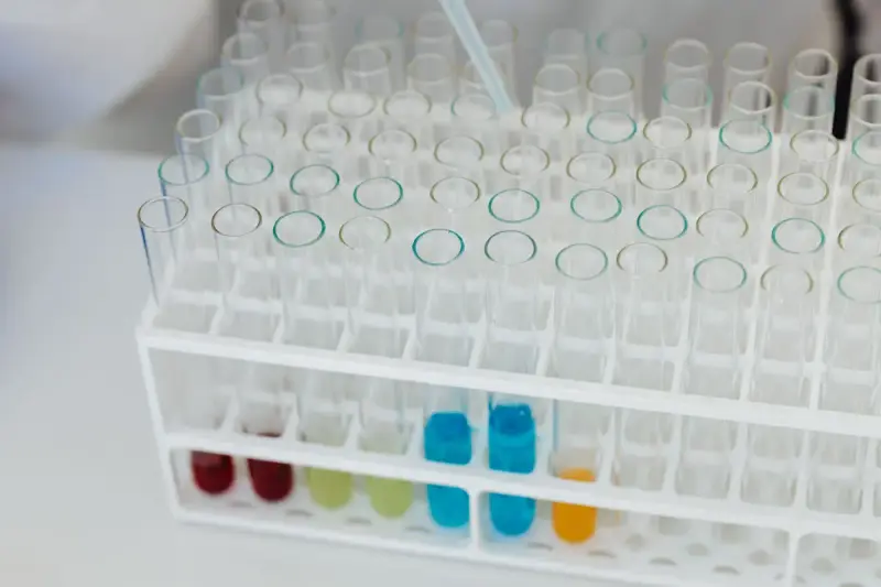 Rack of clear test tubes, a few holding red, yellow, green and blue solutions