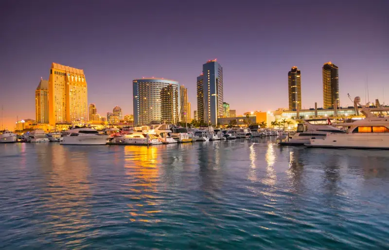 Panoramic sunset view of the San Diego skyline with yachts in the harbor