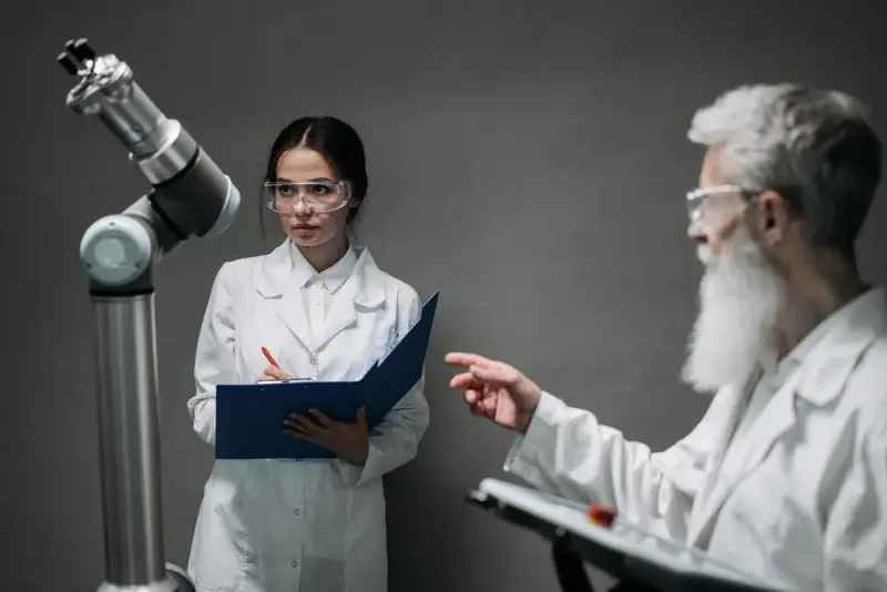 Two scientists in lab coats reviewing notes beside a collaborative robot arm
