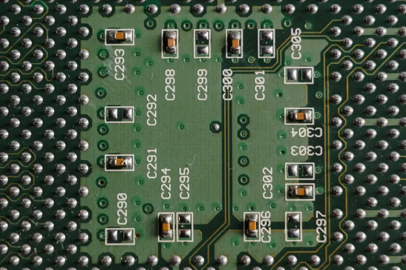 Green circuit board with microchips and labeled electronic components