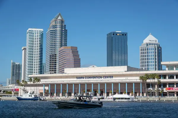 Tampa Convention Center seen from the waterfront in 2021