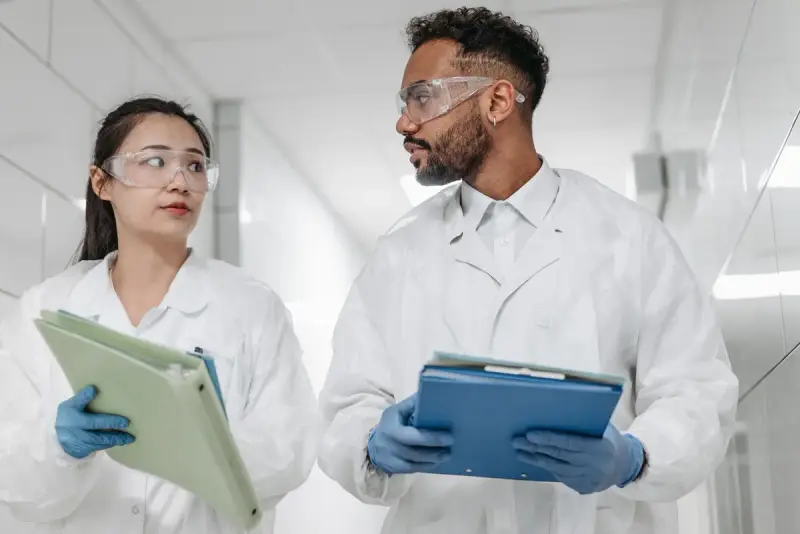 Two scientists in safety glasses reviewing data on a tablet and folder