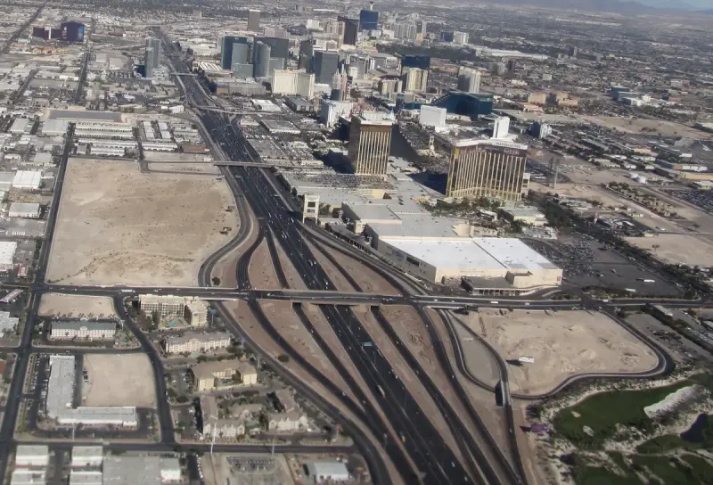 Interstate 15 running beside the hotels of the Las Vegas Strip