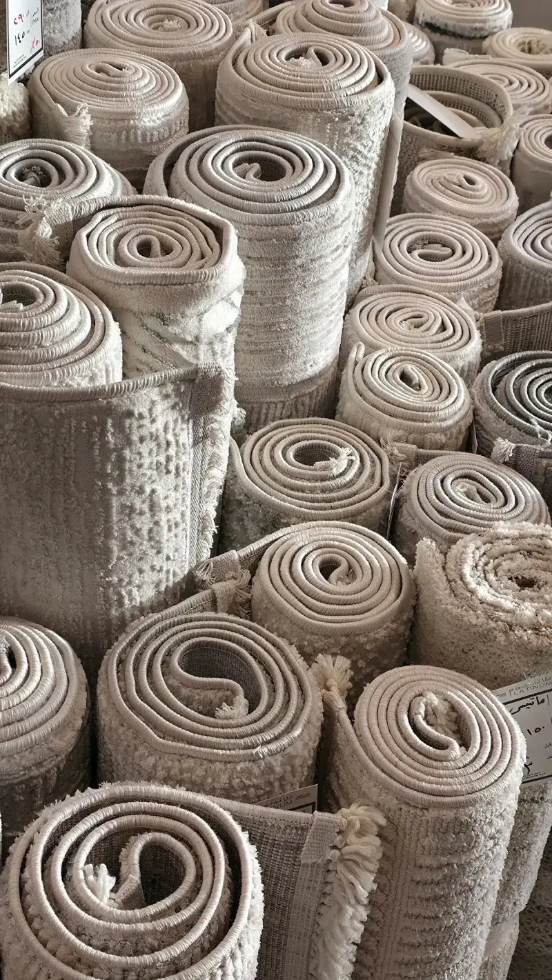 Rolled carpets stacked neatly in a store, showing their textures