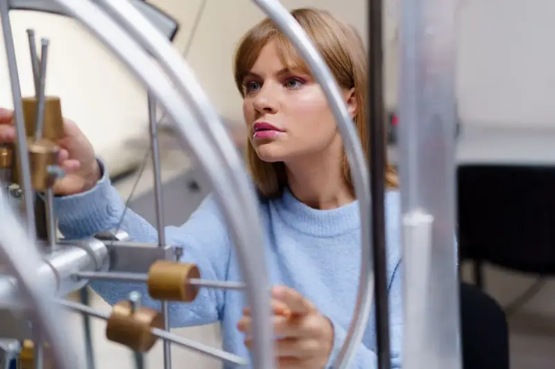 Woman in a blue sweater conducting a physics experiment at a lab bench