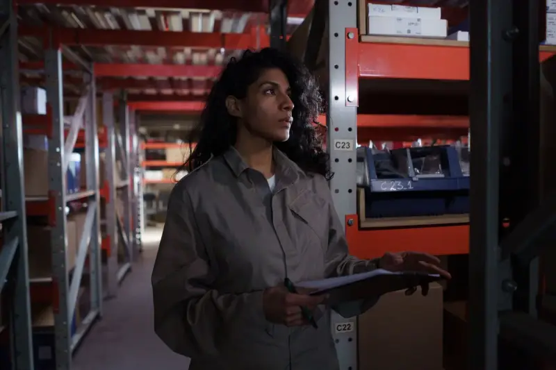 Woman in a grey uniform checking stock on warehouse shelves