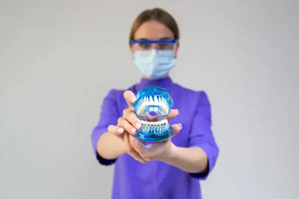 Female dental professional demonstrating a dental model with braces
