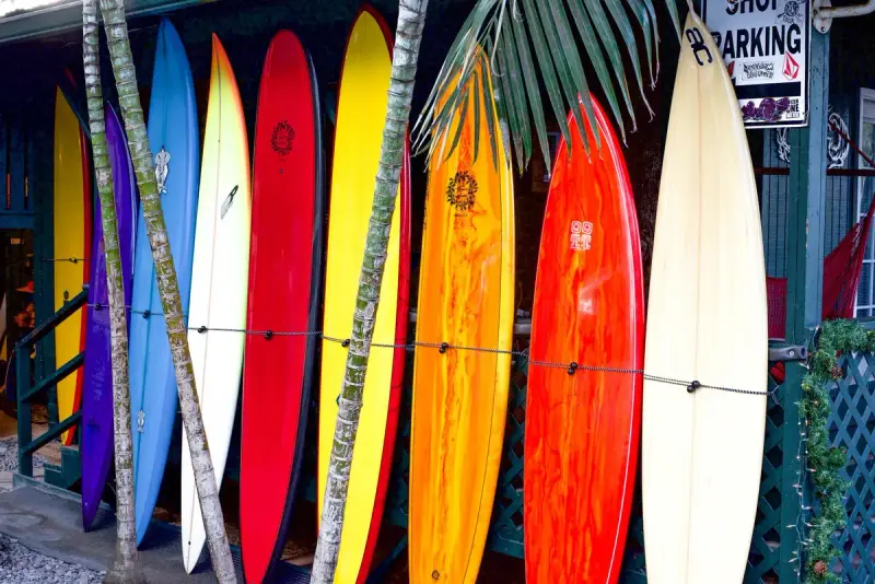 Row of bright longboards in red, yellow and blue standing outside a surf shop