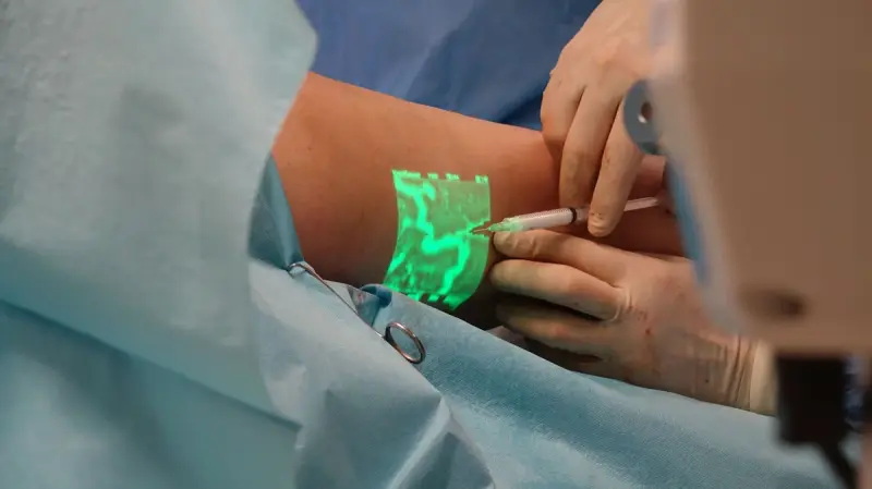 Green vein map projected onto a forearm as a gloved clinician guides a needle
