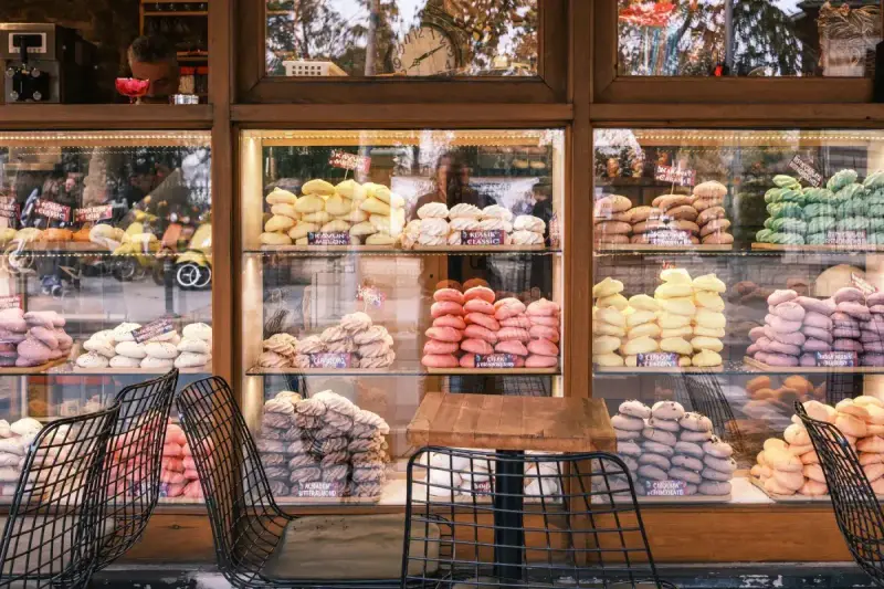 Colorful stacks of candy in a shop window