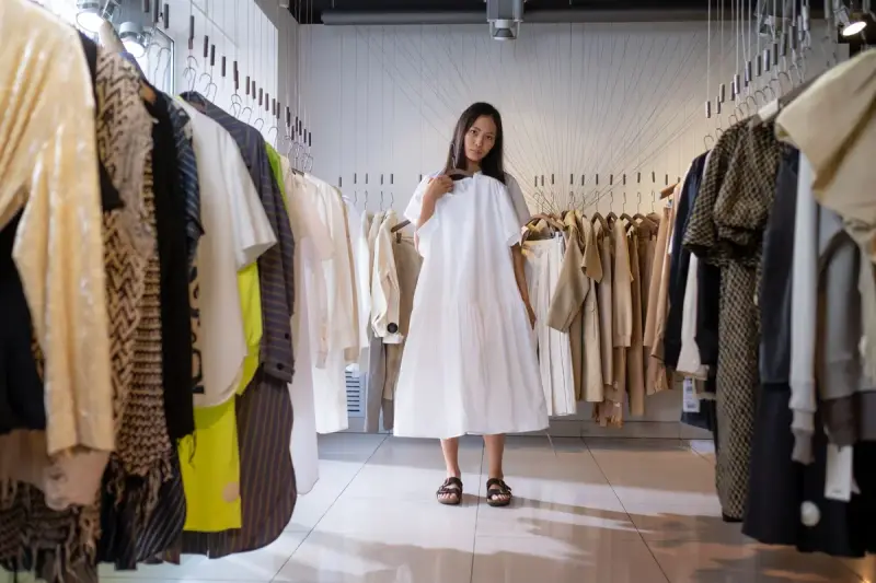 A woman holds up a white dress in a bright boutique full of clothes