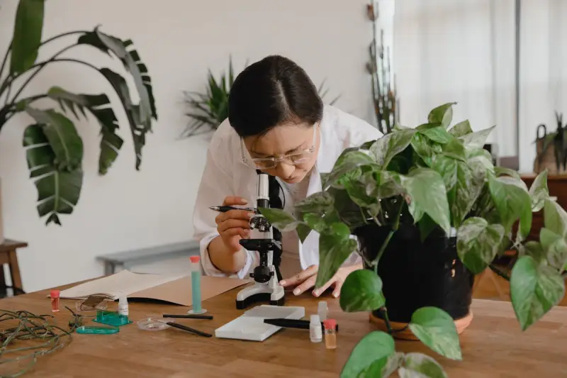 Female scientist looking through a microscope in a laboratory