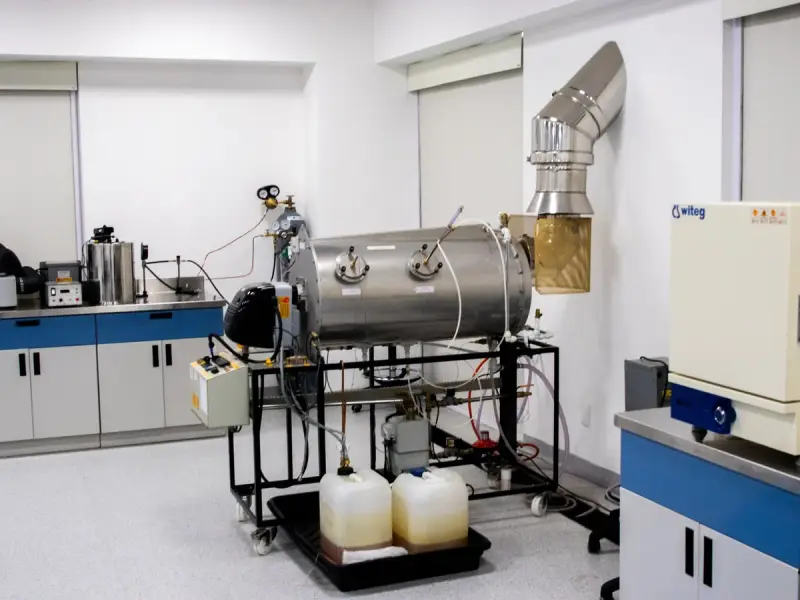 Research laboratory with large process equipment and benchtop instruments