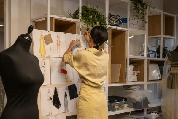 A woman arranging fabric samples and sketches on a board in a design workspace.