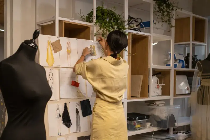 A woman arranging fabric samples and sketches on a board in a design workspace.