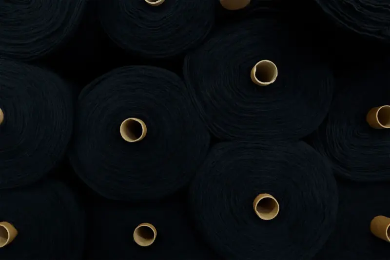 Rolls of black fabric stacked closely in an industrial setting