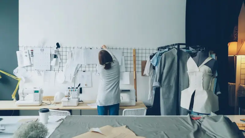Designer pinning sketches to a wall grid beside a rail of garments