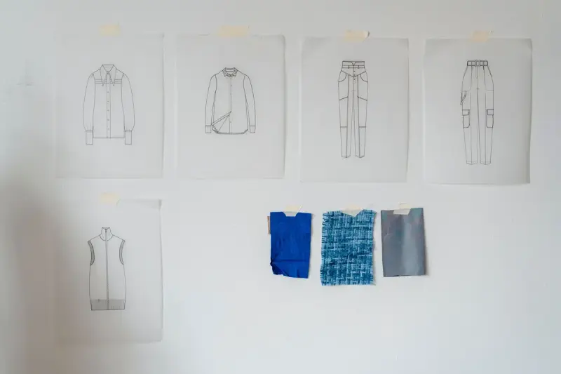 Clothing sketches pinned on a wall with three blue fabric swatches