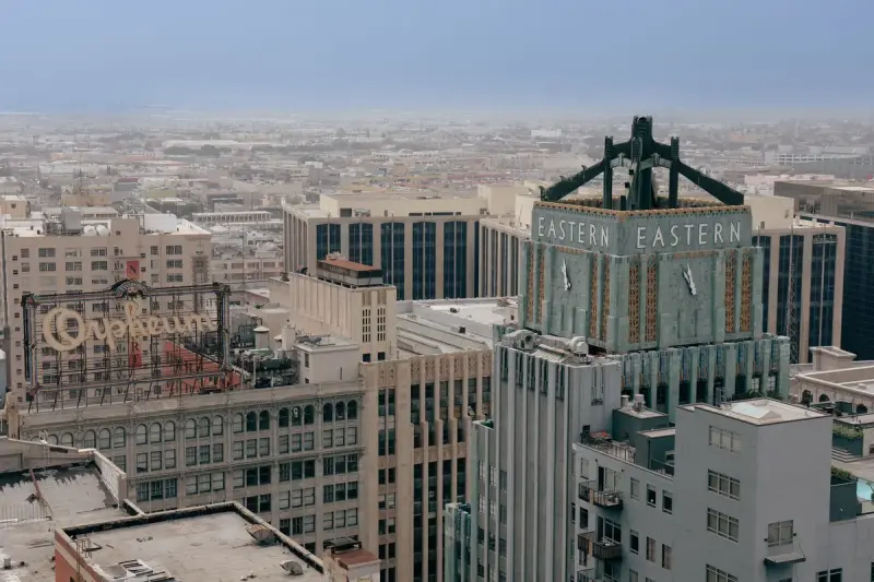 Aerial view of the Eastern Columbia Building and surrounding downtown Los Angeles blocks