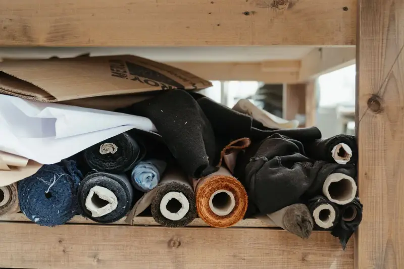 Rolled fabrics in blue, red and neutral tones arranged in a workshop