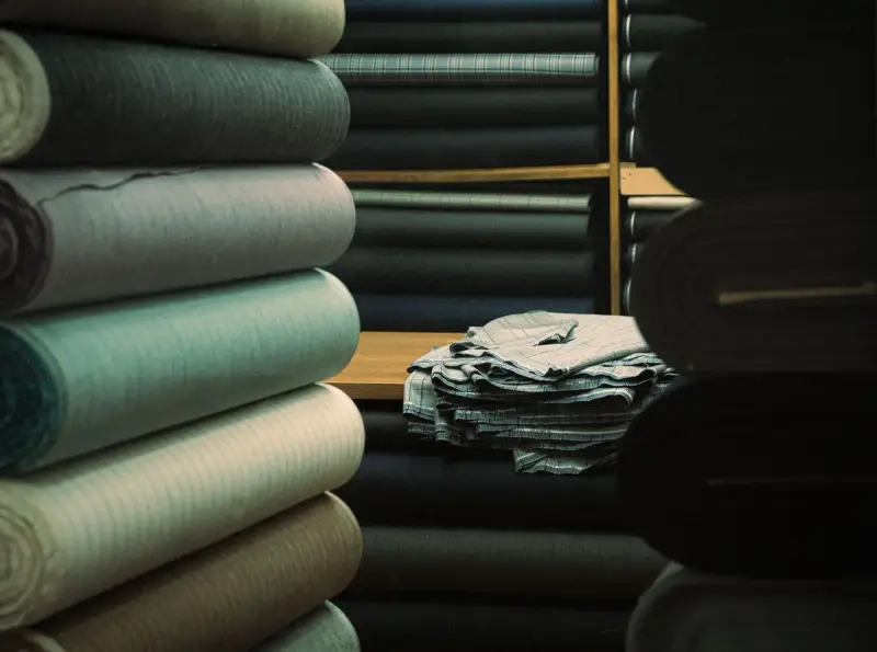 Shelves of colored fabric rolls in a textile warehouse