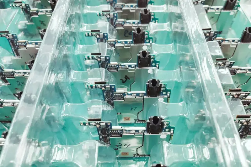 Rows of assembled circuit boards standing in clear plastic trays on a production line