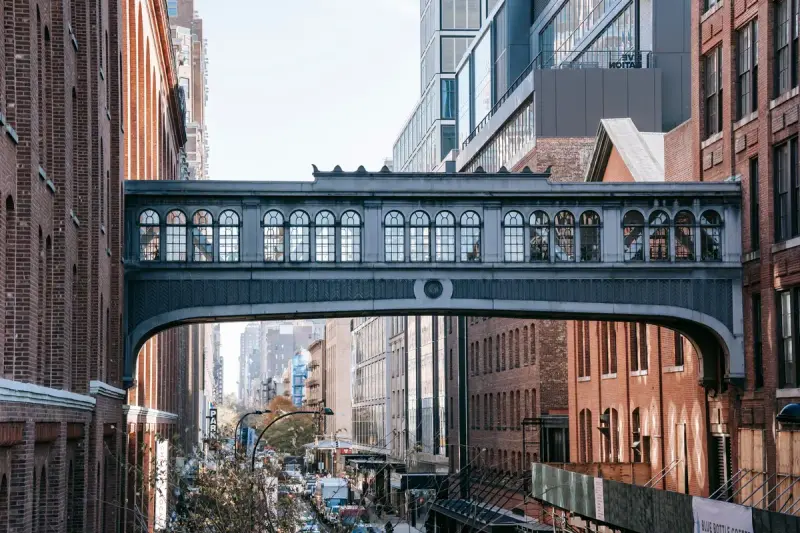 Historic sky bridge between brick buildings by the High Line in Chelsea