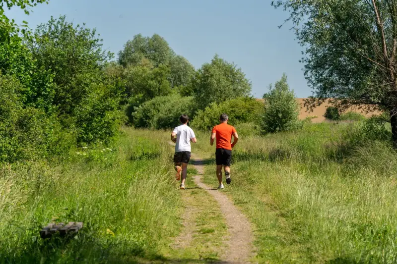Two runners on a dirt trail through tall green grass and trees