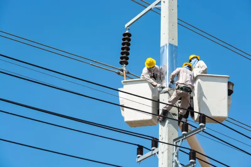 Lineworkers in hard hats working on a pole from two aerial buckets