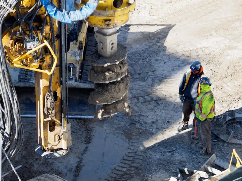Two crew members in hard hats beside a large auger drill rig on a jobsite