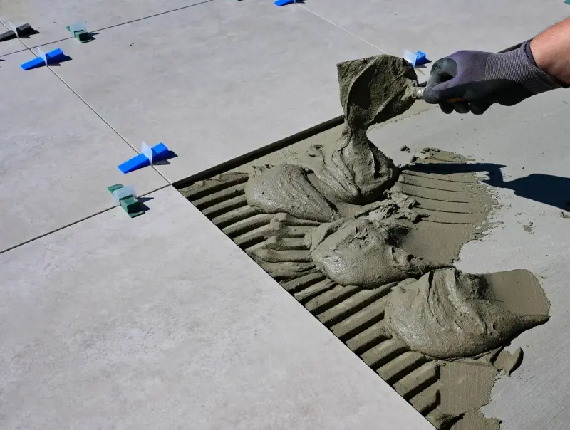 Gloved hand spreading mortar between large-format tiles with leveling clips