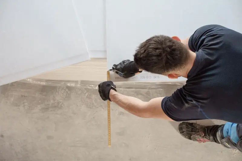 Installer measuring a floor panel with a folding rule during a renovation