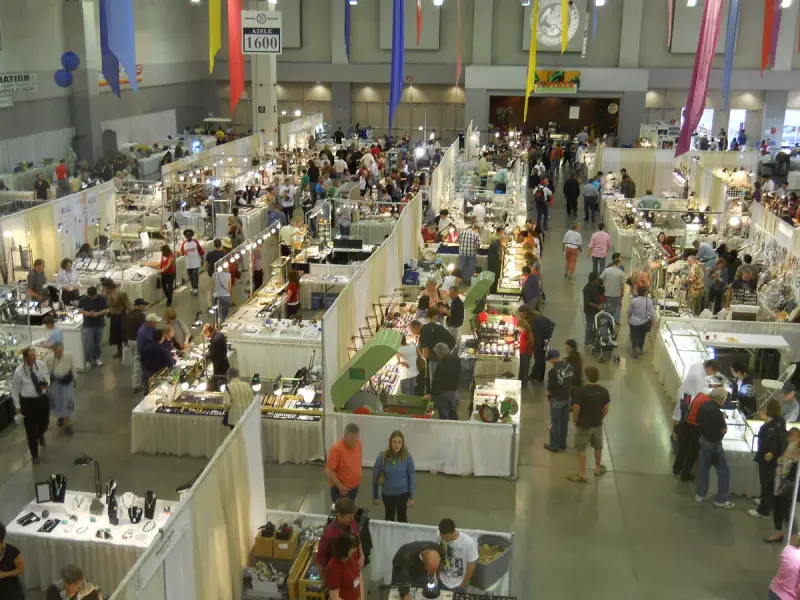 Overview of the Tucson Gem and Mineral Show floor at the Tucson Convention Center