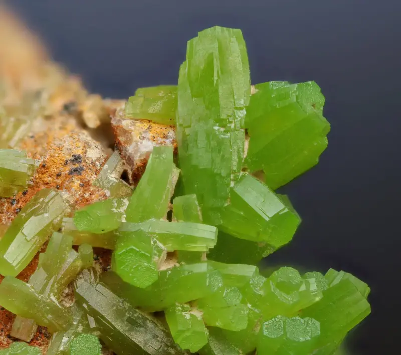 Bright green pyromorphite crystal cluster on matrix, close-up