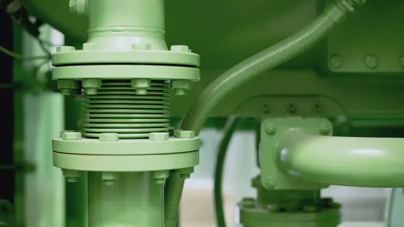 Green industrial pipework with valves and flanges in a mechanical room